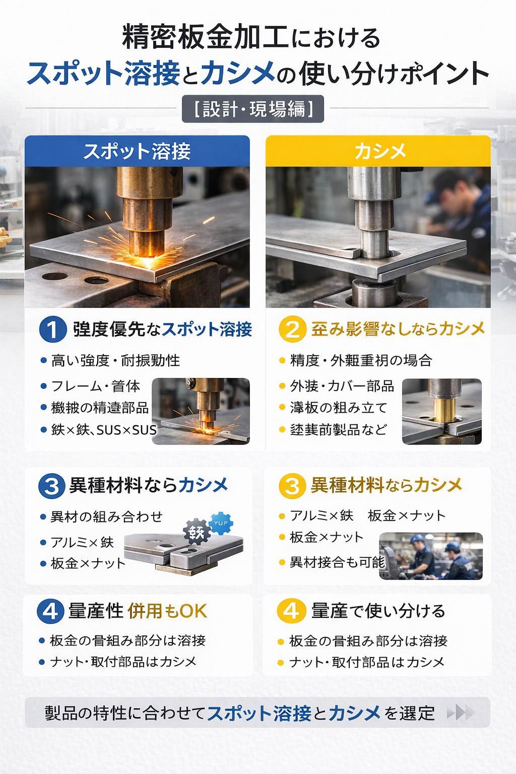 スポット溶接とカシメ選択